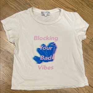 Wildfox Cream Blue Short Sleeve Tee BLOCKING YOUR BAD VIBES vintage S